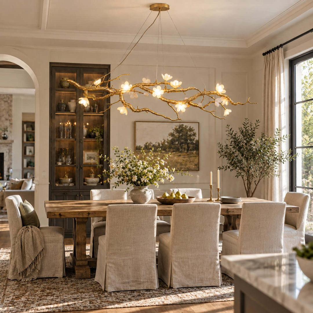 Thalvex Linear Chandelier with Gold Branches and Ceramic Flowers