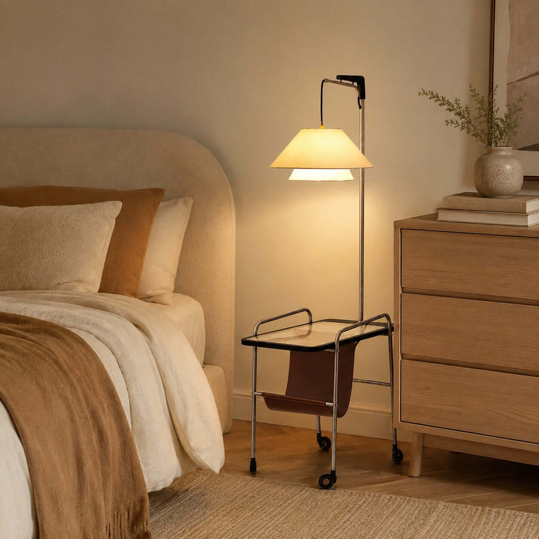 Tiveth Multifunctional Rolling Floor Lamp with Table &amp; Fabric Shade