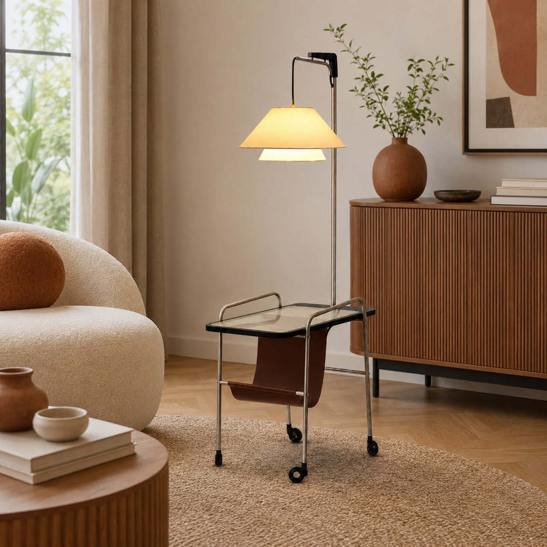 Tiveth Multifunctional Rolling Floor Lamp with Table &amp; Fabric Shade