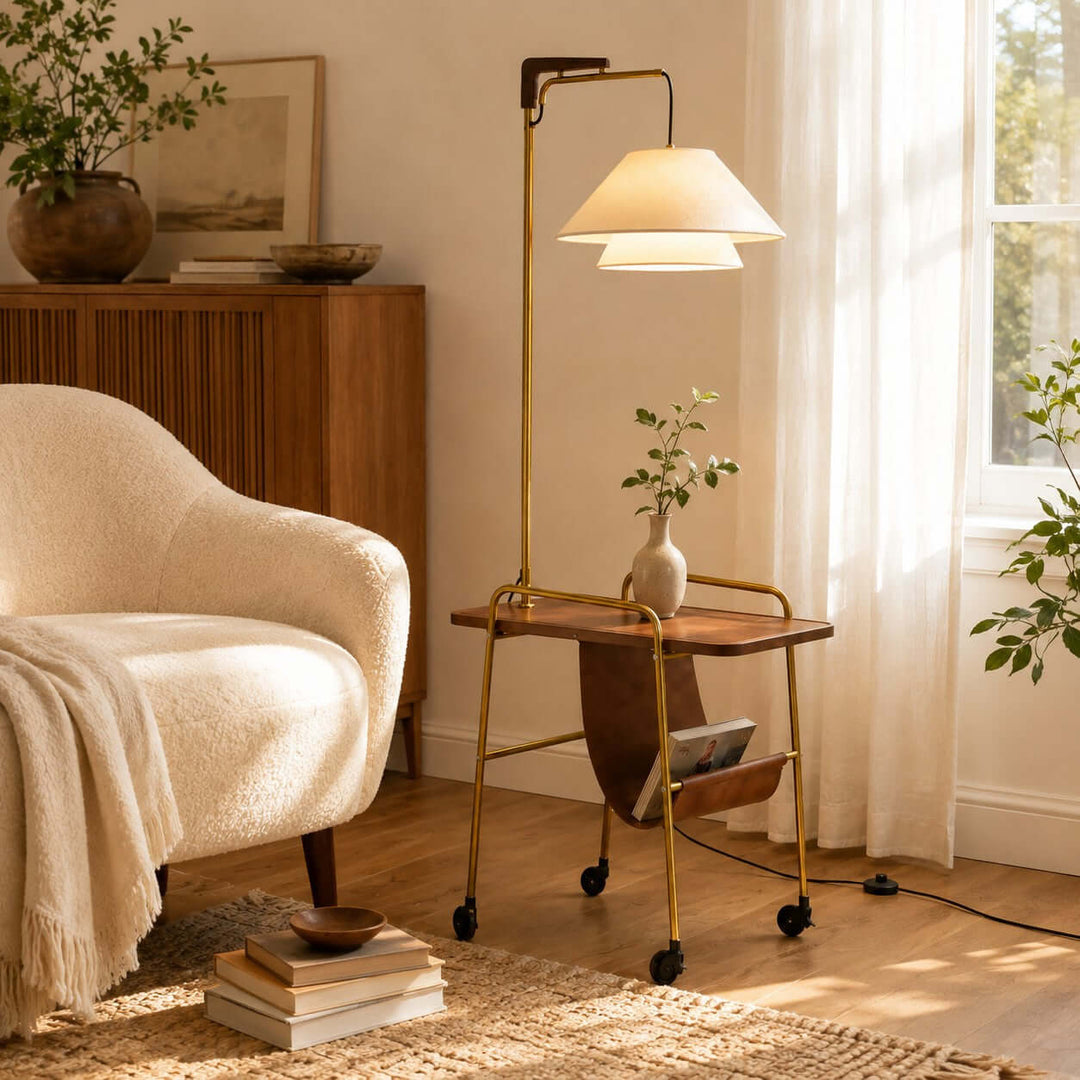 Tiveth Multifunctional Rolling Floor Lamp with Table &amp; Fabric Shade