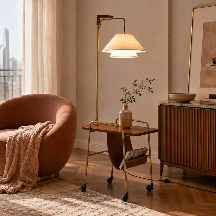 Tiveth Multifunctional Rolling Floor Lamp with Table &amp; Fabric Shade