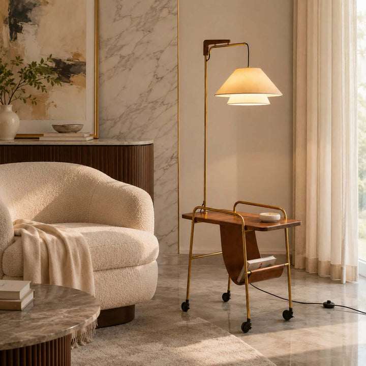 Tiveth Multifunctional Rolling Floor Lamp with Table &amp; Fabric Shade
