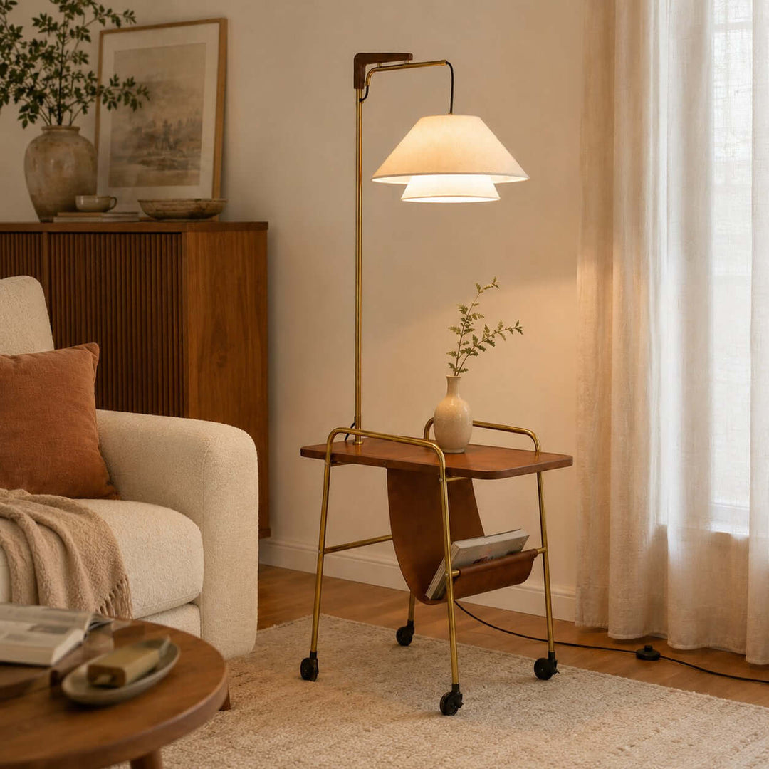 Tiveth Multifunctional Rolling Floor Lamp with Table &amp; Fabric Shade