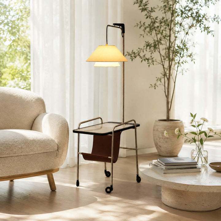 Tiveth Multifunctional Rolling Floor Lamp with Table &amp; Fabric Shade
