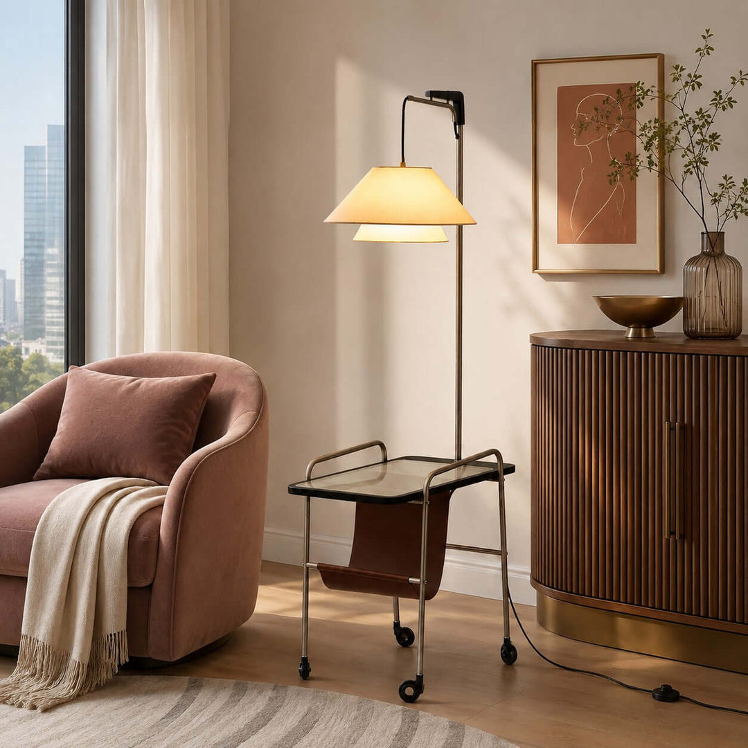 Tiveth Multifunctional Rolling Floor Lamp with Table &amp; Fabric Shade