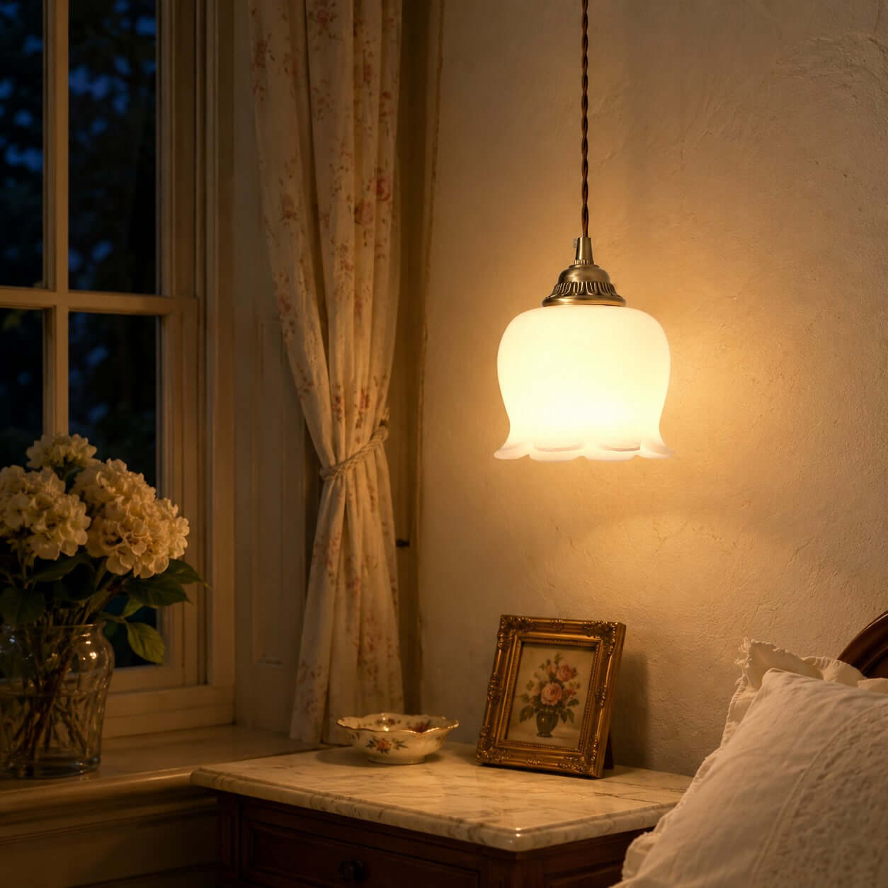 Vintage Mini Resin Pendant Light - Brass Hanging Flower for