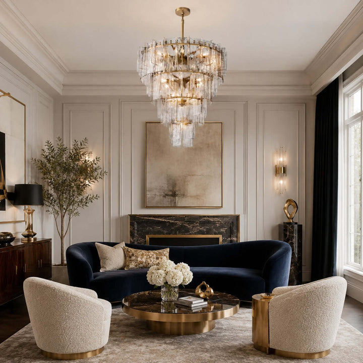 Modern Glass Velmora Chandelier for High-Ceiling Living Room Decor