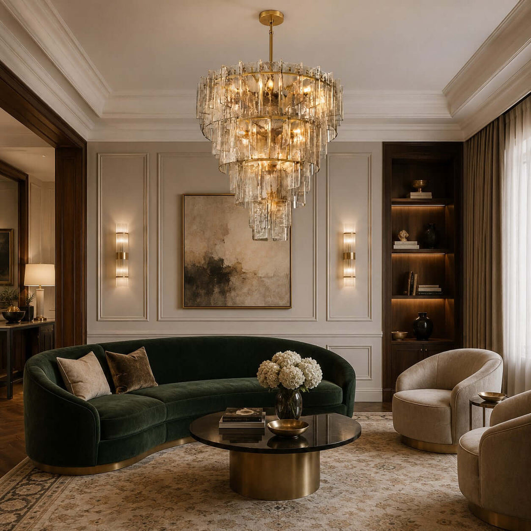 Modern Glass Velmora Chandelier for High-Ceiling Living Room Decor