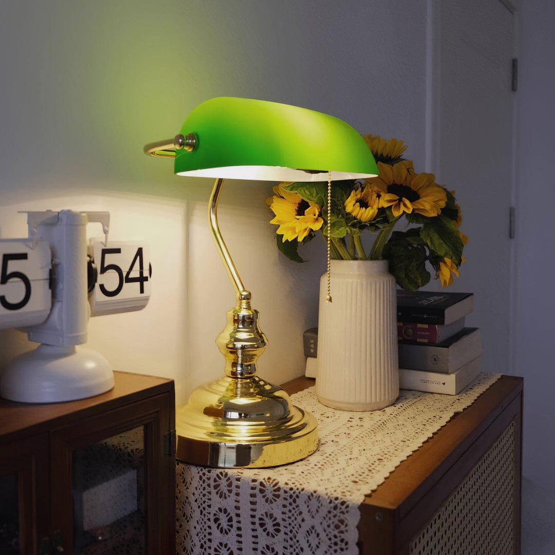 Vintage Bankers Table Lamp - Green Glass & Gold | Vinlighting | Vinlighting
