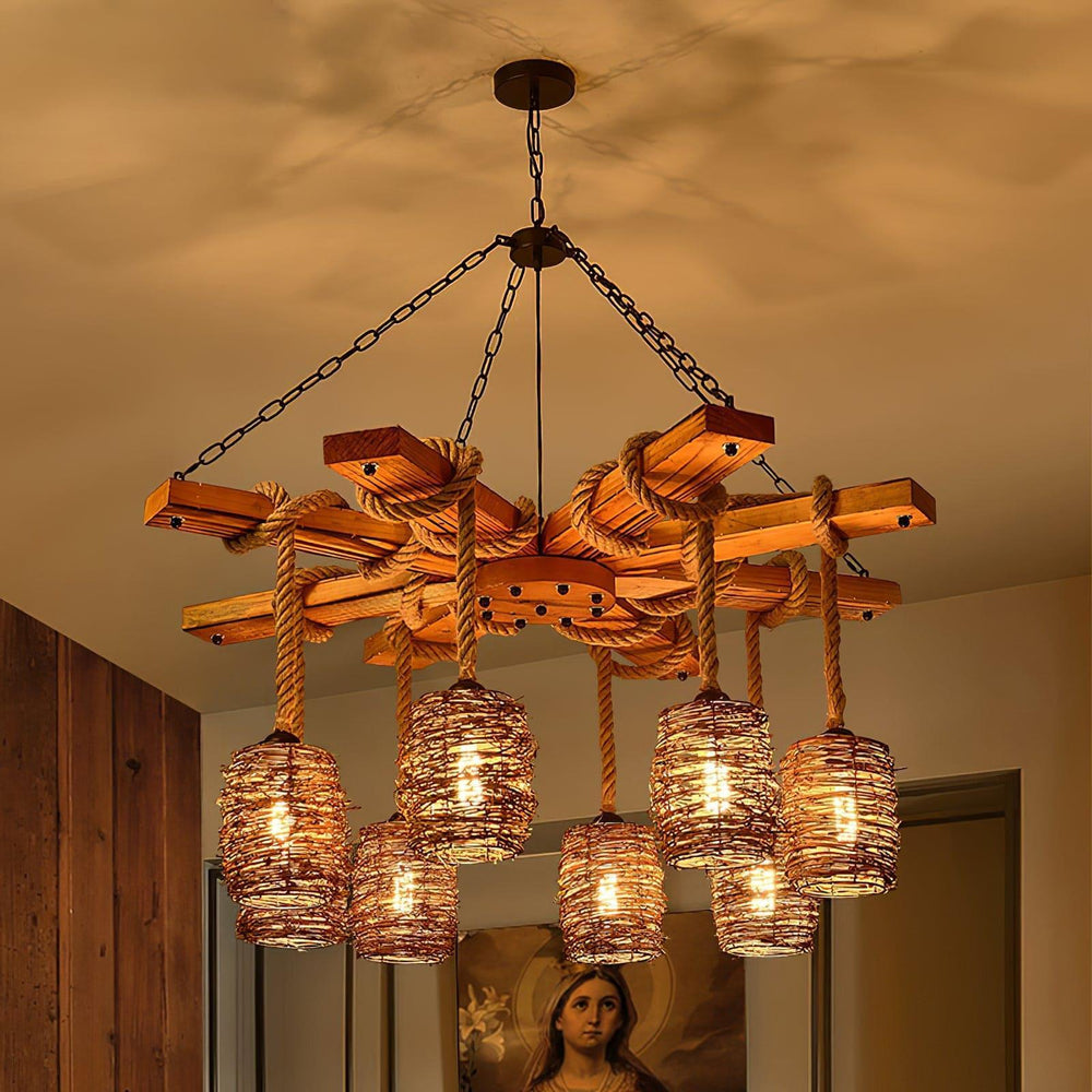 Vintage Farmhouse Chandelier | Rustic Rattan & Wood Pendant Light | Vinlighting | Vinlighting