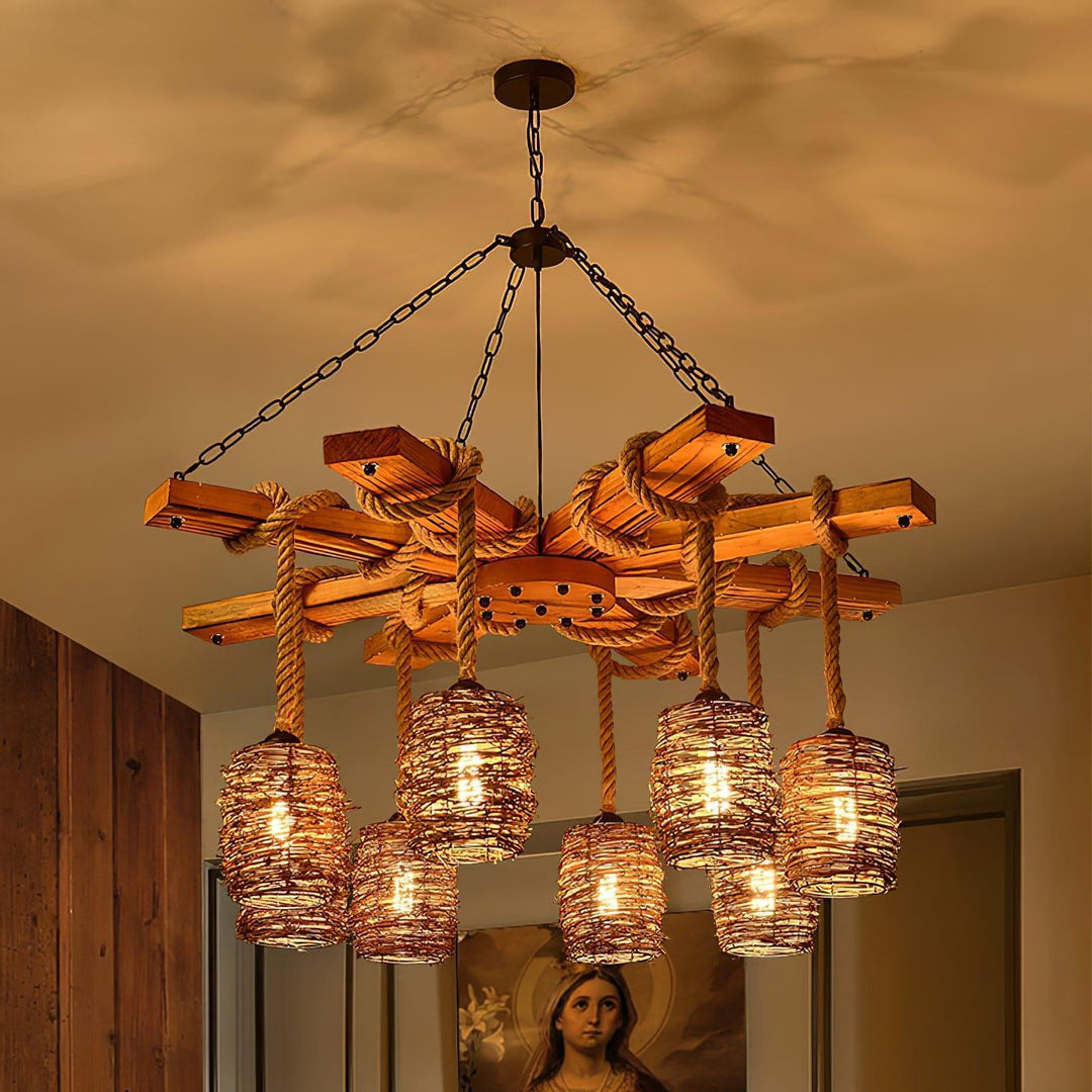 Vintage Farmhouse Chandelier | Rustic Rattan & Wood Pendant Light | Vinlighting | Vinlighting