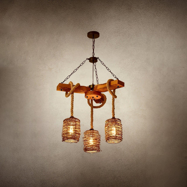 Vintage Farmhouse Chandelier | Rustic Rattan & Wood Pendant Light | Vinlighting | Vinlighting