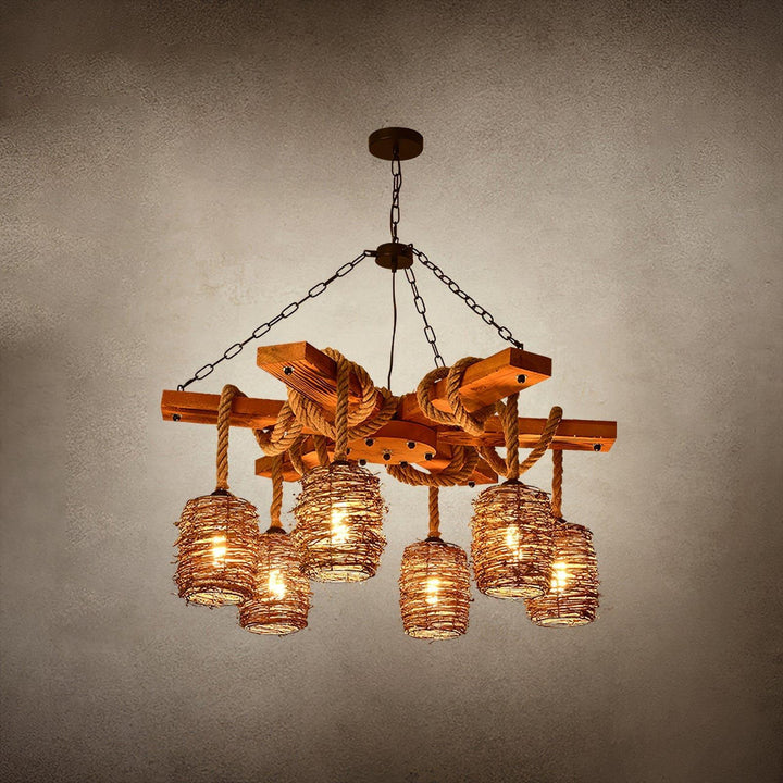 Vintage Farmhouse Chandelier | Rustic Rattan & Wood Pendant Light | Vinlighting | Vinlighting