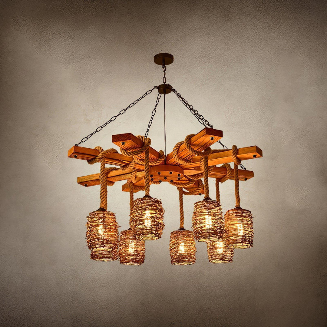 Vintage Farmhouse Chandelier | Rustic Rattan & Wood Pendant Light | Vinlighting | Vinlighting