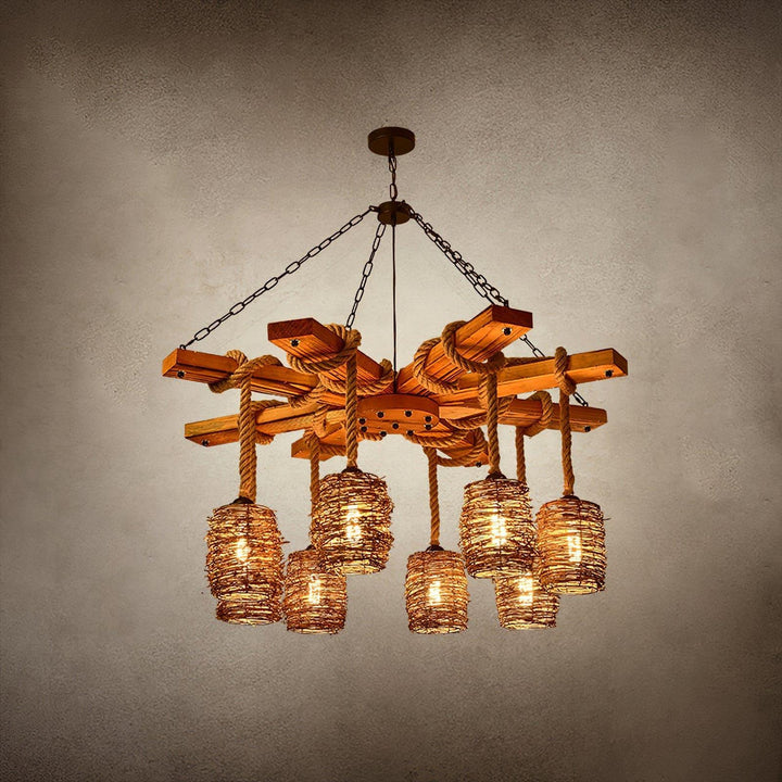 Vintage Farmhouse Chandelier | Rustic Rattan & Wood Pendant Light | Vinlighting | Vinlighting