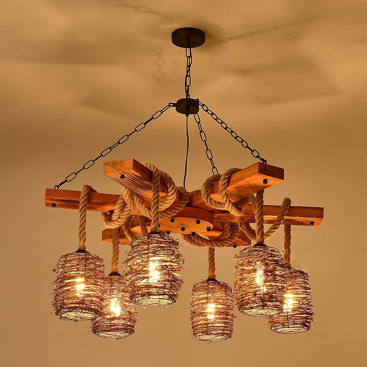 Vintage Farmhouse Chandelier | Rustic Rattan & Wood Pendant Light | Vinlighting | Vinlighting