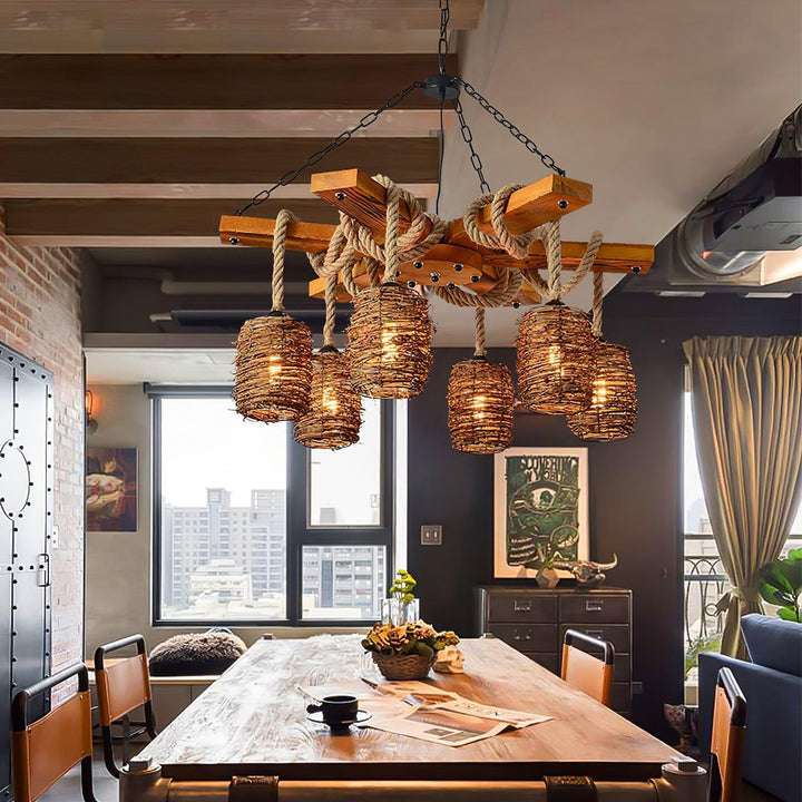 Vintage Farmhouse Chandelier | Rustic Rattan & Wood Pendant Light | Vinlighting | Vinlighting