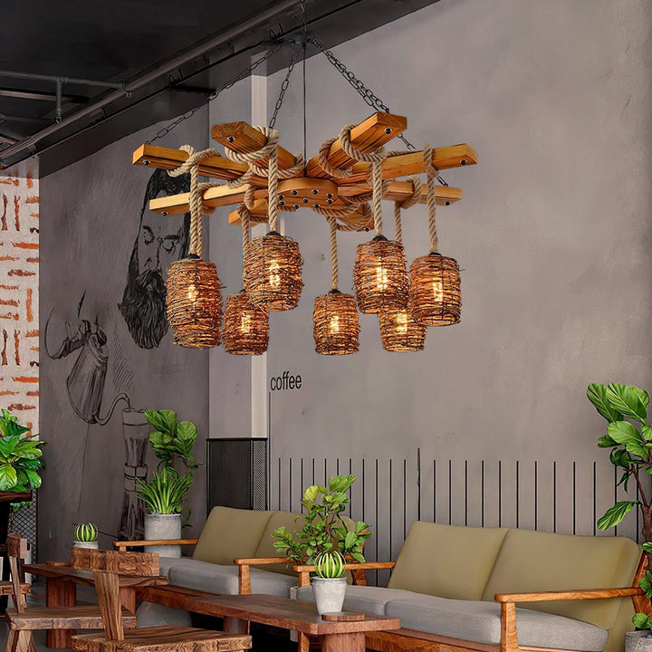 Vintage Farmhouse Chandelier | Rustic Rattan & Wood Pendant Light | Vinlighting | Vinlighting