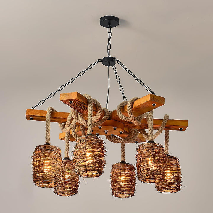 Vintage Farmhouse Chandelier | Rustic Rattan & Wood Pendant Light | Vinlighting | Vinlighting