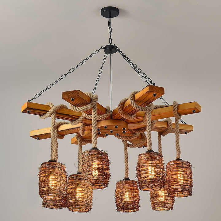 Vintage Farmhouse Chandelier | Rustic Rattan & Wood Pendant Light | Vinlighting | Vinlighting