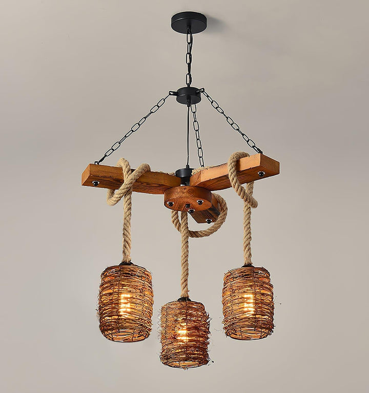Vintage Farmhouse Chandelier | Rustic Rattan & Wood Pendant Light | Vinlighting | Vinlighting