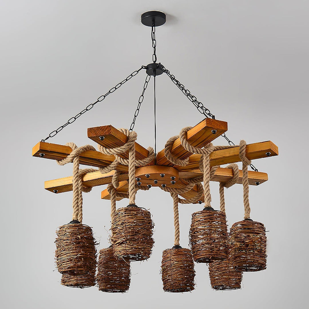 Vintage Farmhouse Chandelier | Rustic Rattan & Wood Pendant Light | Vinlighting | Vinlighting