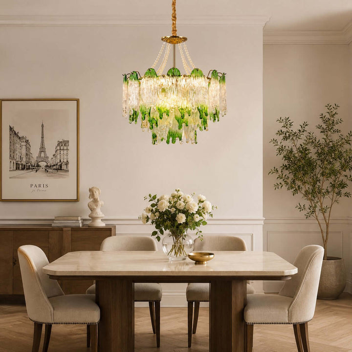 Virelina Chandelier | Gradient Green Glass Chandelier for Dining Decor