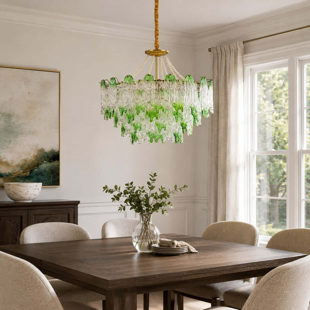 Virelina Chandelier | Gradient Green Glass Chandelier for Dining Decor