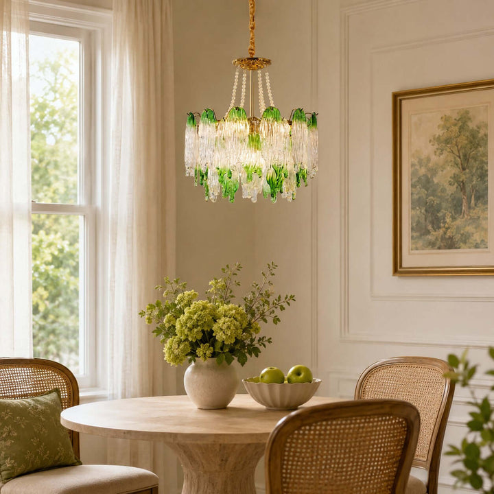 Virelina Chandelier | Gradient Green Glass Chandelier for Dining Decor