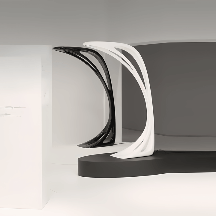 Sculptural Vyntra floor lamp in black and white, showcasing art deco design for modern living room lighting.