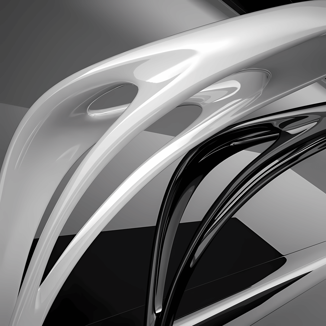 Close-up of sculptural black and white modern design featuring sleek, curved lines and abstract shapes.