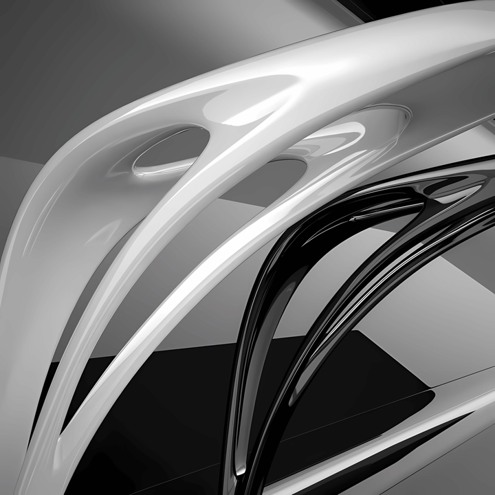 Close-up of sculptural black and white modern design featuring sleek, curved lines and abstract shapes.