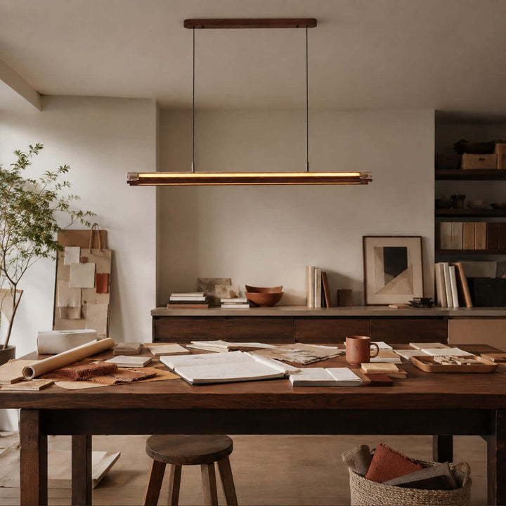 Weslin Linear Chandelier, Walnut LED Light for Kitchen Island