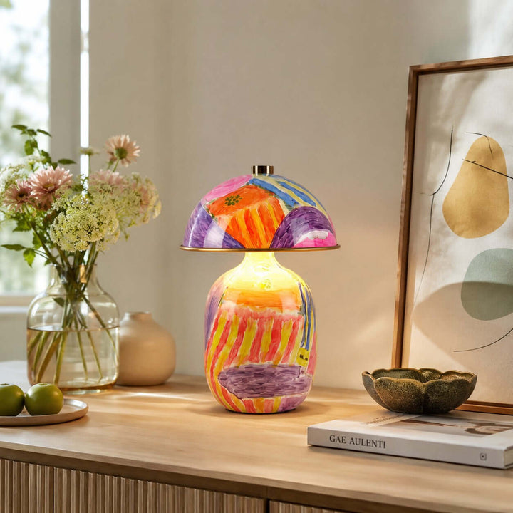 Zaia Colorful Hand Painted Ceramic Mushroom Table Lamp for Bedroom