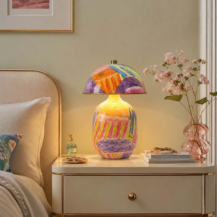 Zaia Colorful Hand Painted Ceramic Mushroom Table Lamp for Bedroom