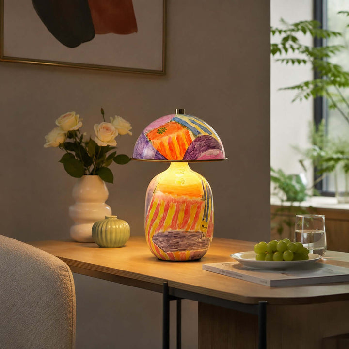 Zaia Colorful Hand Painted Ceramic Mushroom Table Lamp for Bedroom