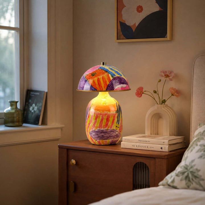Zaia Colorful Hand Painted Ceramic Mushroom Table Lamp for Bedroom
