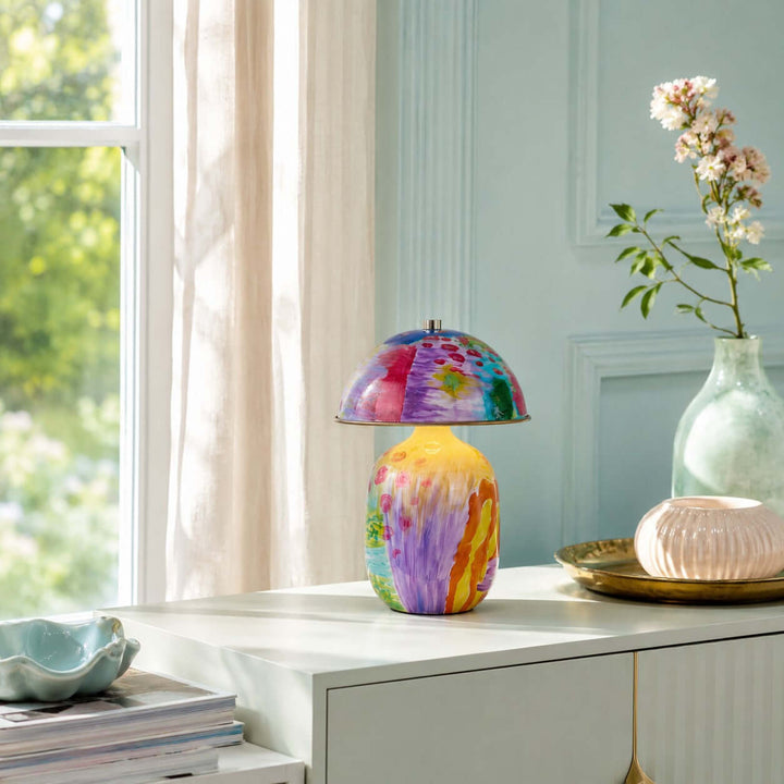 Zaia Colorful Hand Painted Ceramic Mushroom Table Lamp for Bedroom
