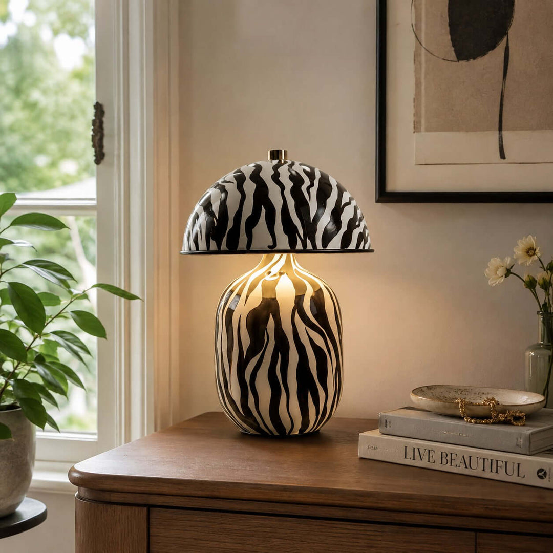 Zaria Zebra Pattern Ceramic Table Lamp for Bedroom &amp; Living Room