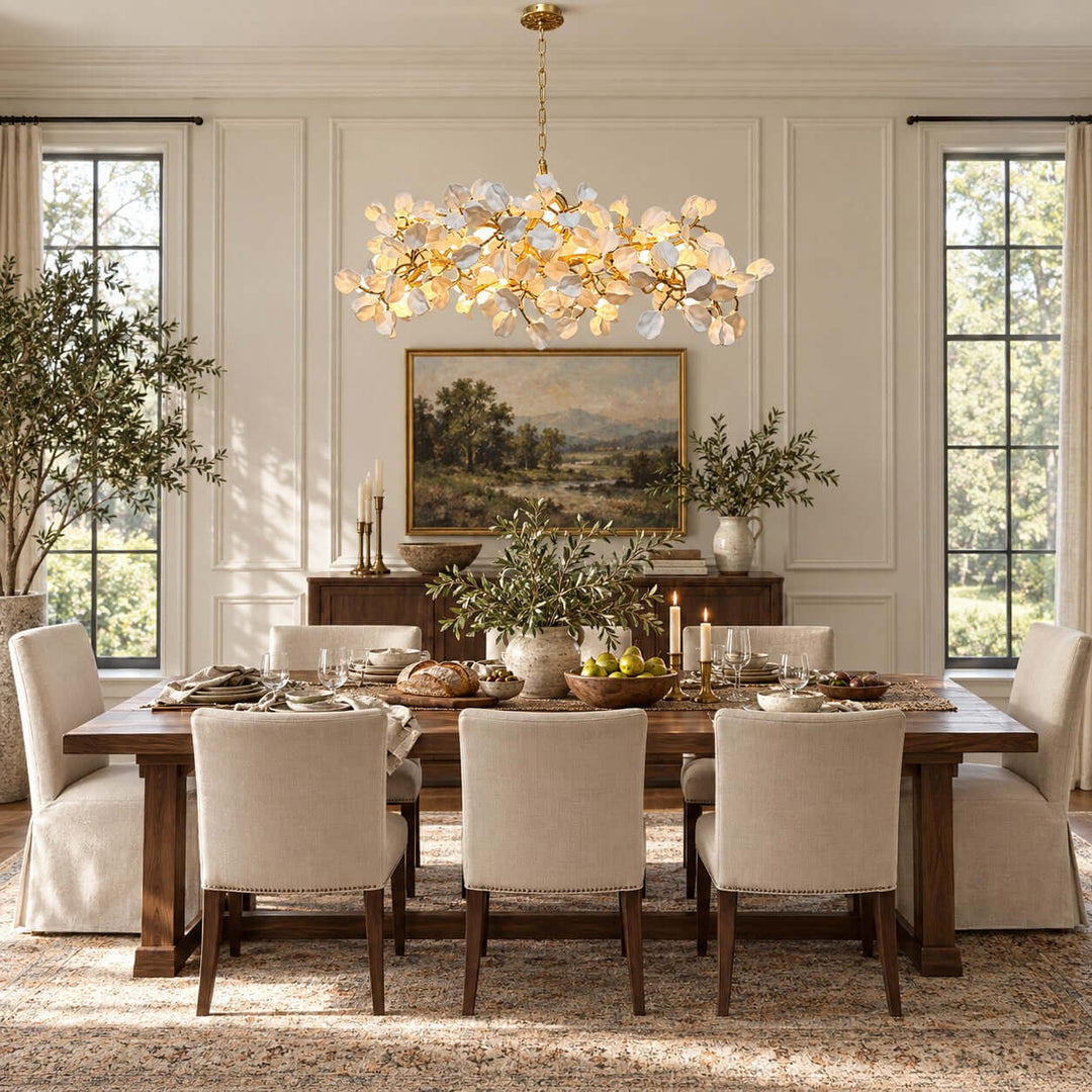 Zavellin Handcrafted Ceramic Petal Gold Linear Chandelier for Dining