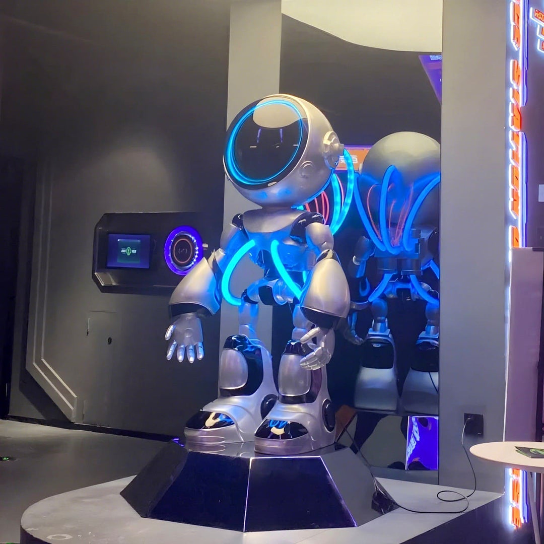 Futuristic robot with glowing blue lights, displayed in a modern environment, reflecting advanced technology and design.