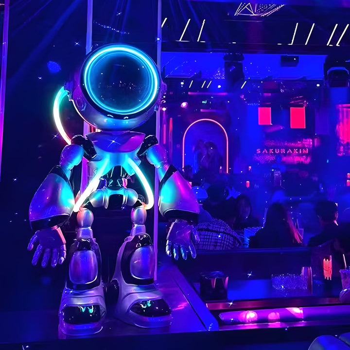 A vibrant, futuristic robot with neon lights standing in a lively nightclub atmosphere.