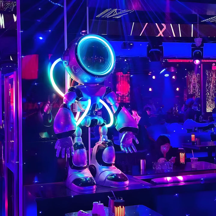 Colorful robotic figure with illuminated eyes, displayed in a vibrant nightclub atmosphere.