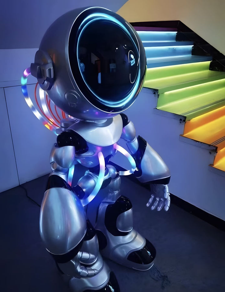 Colorful futuristic robot with glowing lights in a stylish indoor setting.