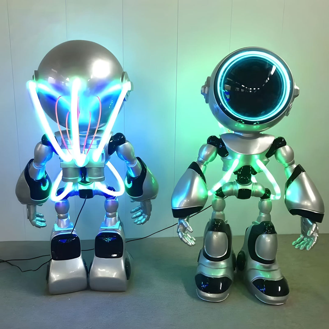 Two futuristic robots with glowing neon lights, showcasing unique designs and a playful, sci-fi aesthetic.