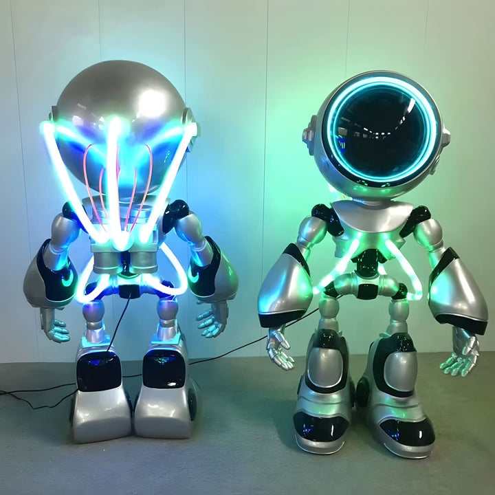 Two futuristic robots with glowing neon lights, showcasing unique designs and a playful, sci-fi aesthetic.