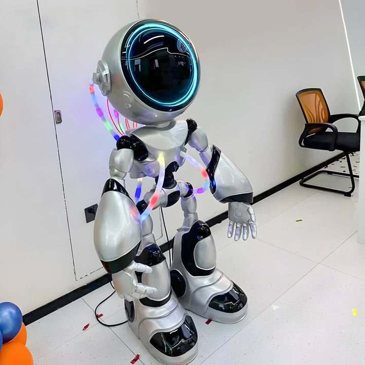 Colorful humanoid robot decoration with LED lights, designed for events and entertainment environments.