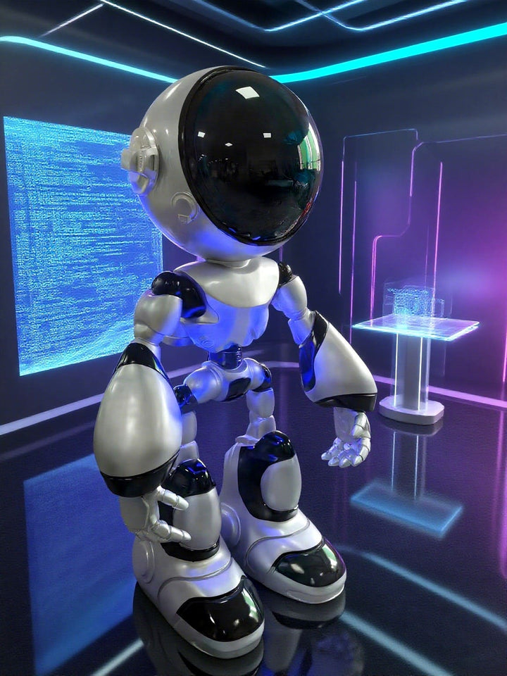 Futuristic humanoid robot figure in a modern, neon-lit environment showcasing advanced technology.