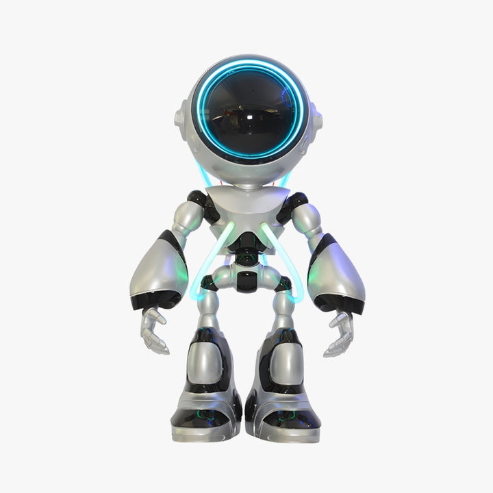 Futuristic robot toy with glowing features, perfect for kids and collectors, showcasing a sleek metallic design.