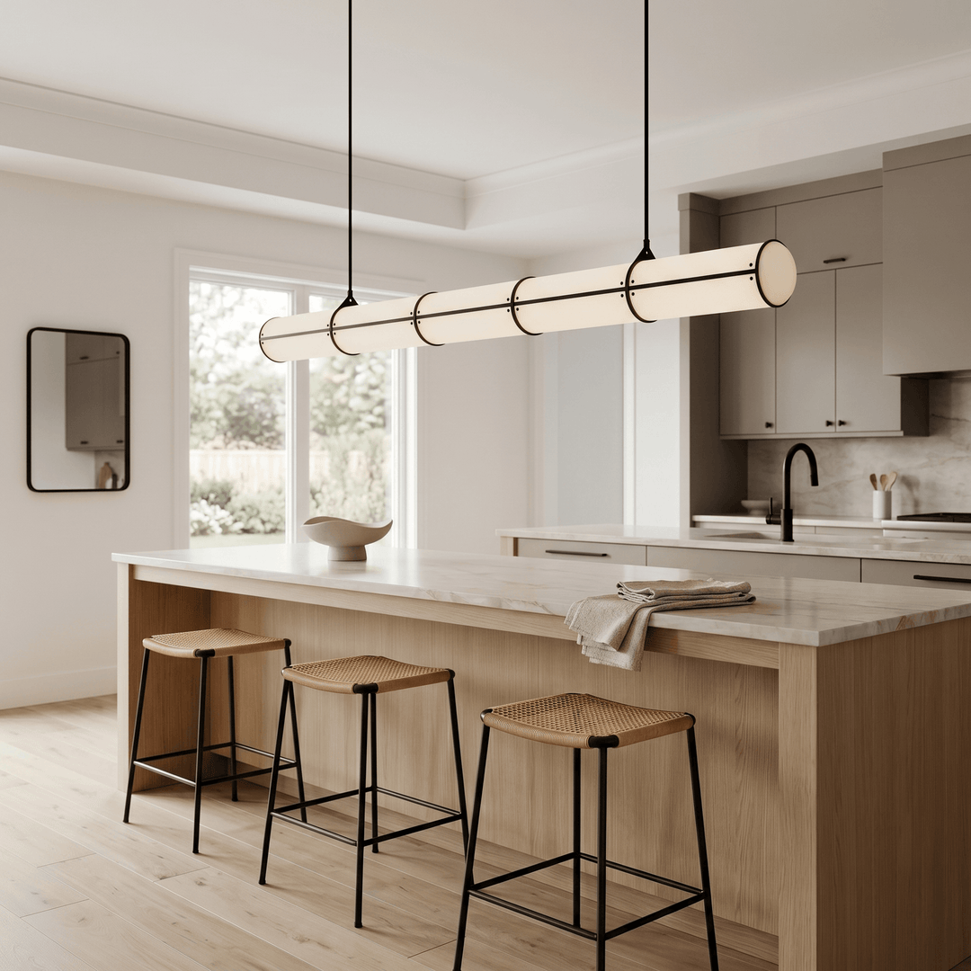 Black Acrylic Endless kitchen island pendant light in a bright modern kitchen with woven counter stools